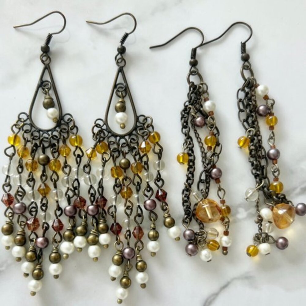 2 Pairs Chandelier Earrings Handmade Beaded Brass